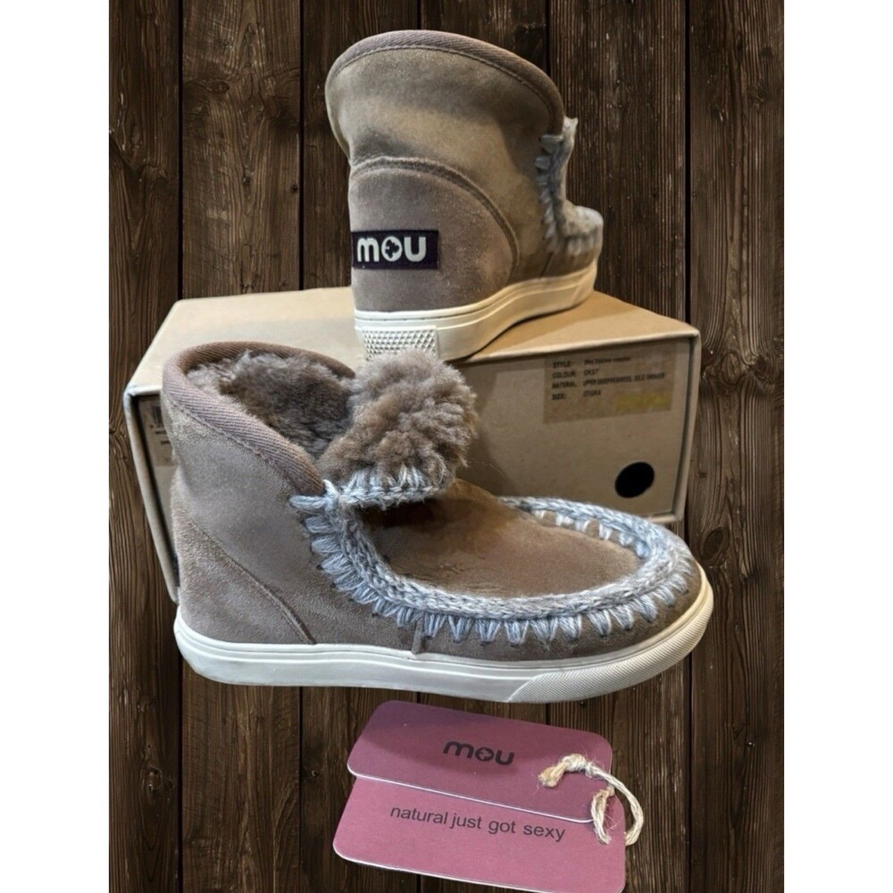 MOU Eskimo Sneaker Boots Suede Sheepskin Wool Crochet Stitch Taupe And Grey